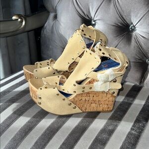 Luichiny Goddess Studded Suede Cork Wedges 🎀✨